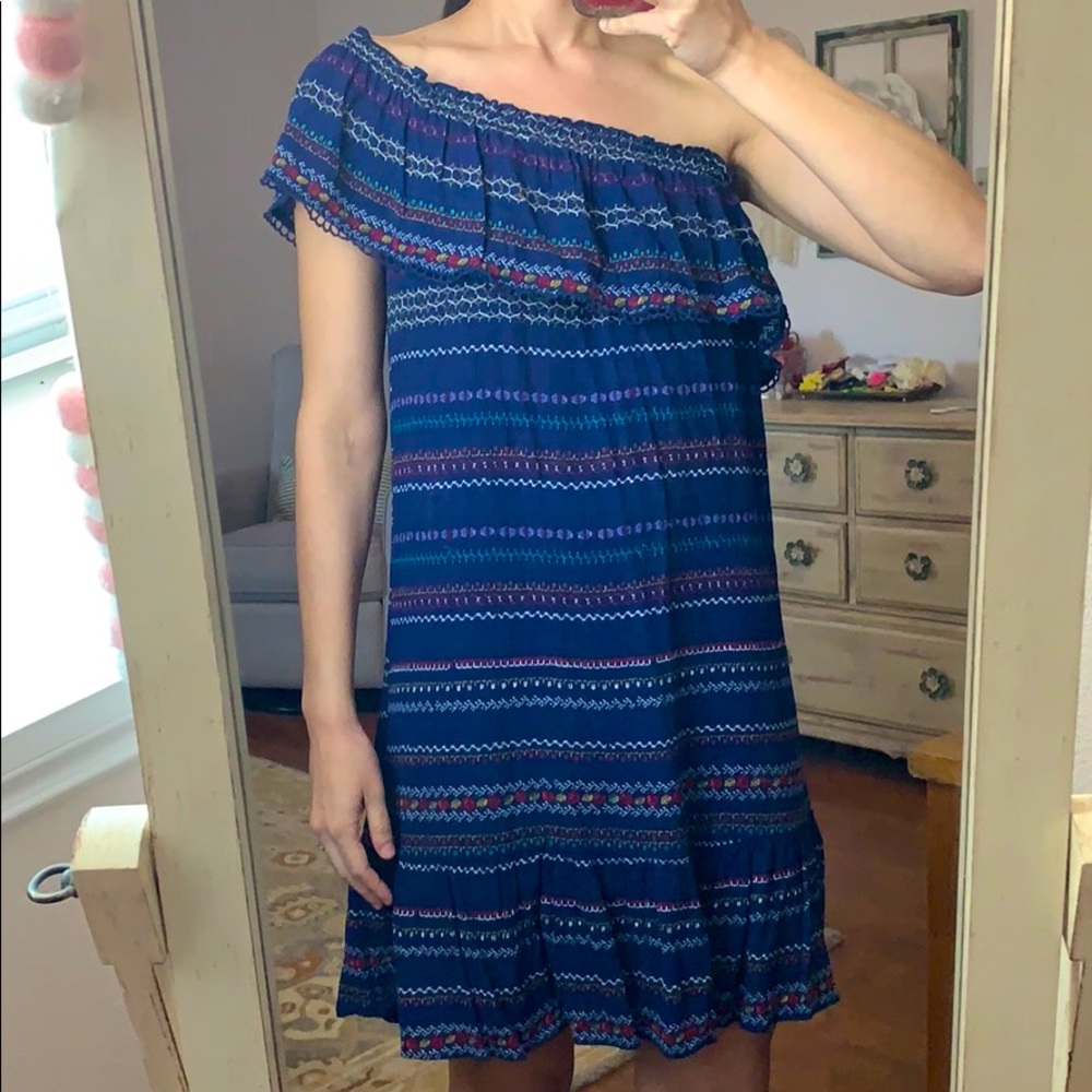 One shoulder navy print dress